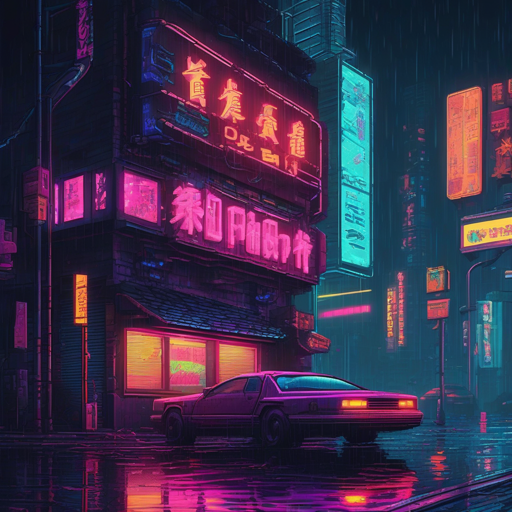 cyberpunk city at night, neon signs, rain, film noir style