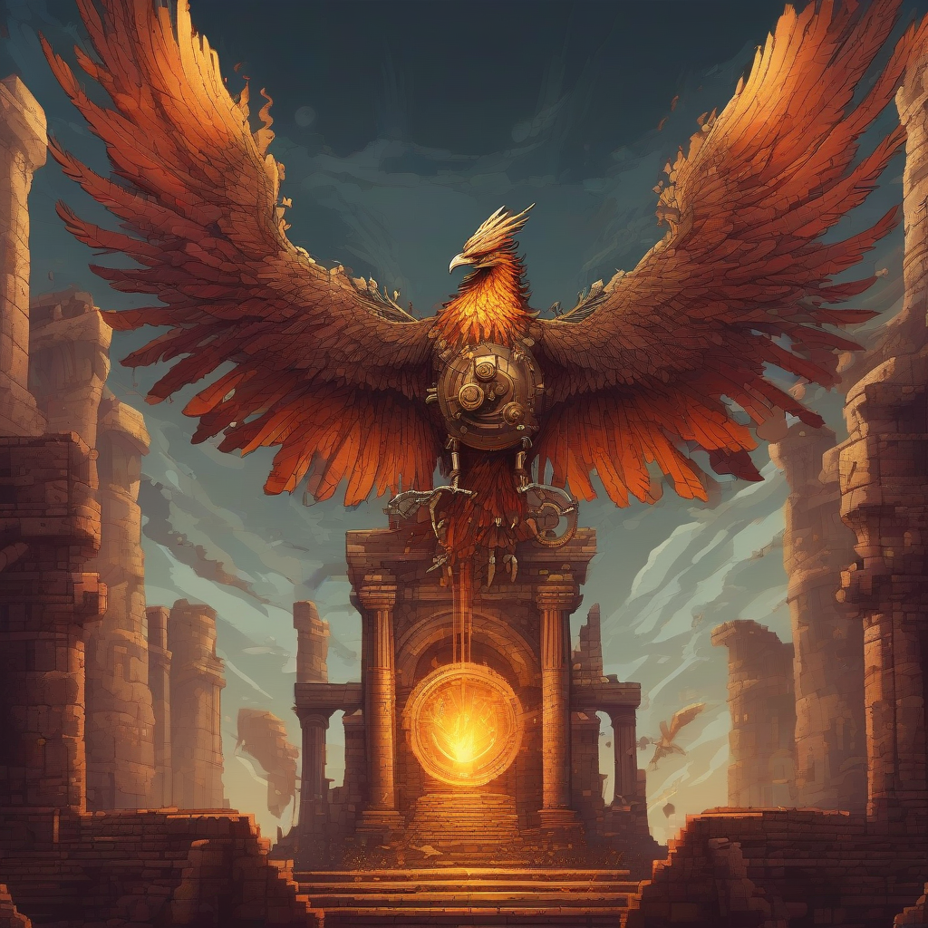 mechanical phoenix rising over ancient ruins, steampunk, dramatic lighting